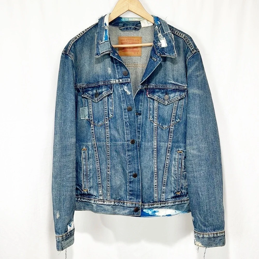 Levi's Shibori Repaired Denim Trucker Mens size Large Tie-Dyed, Distressed